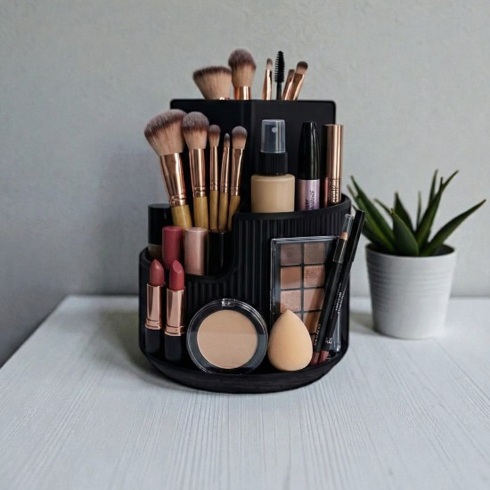 3 Bölmeli Modern Makyaj Düzenleyici - Siyah Fırçalık ve Kozmetik Organizer